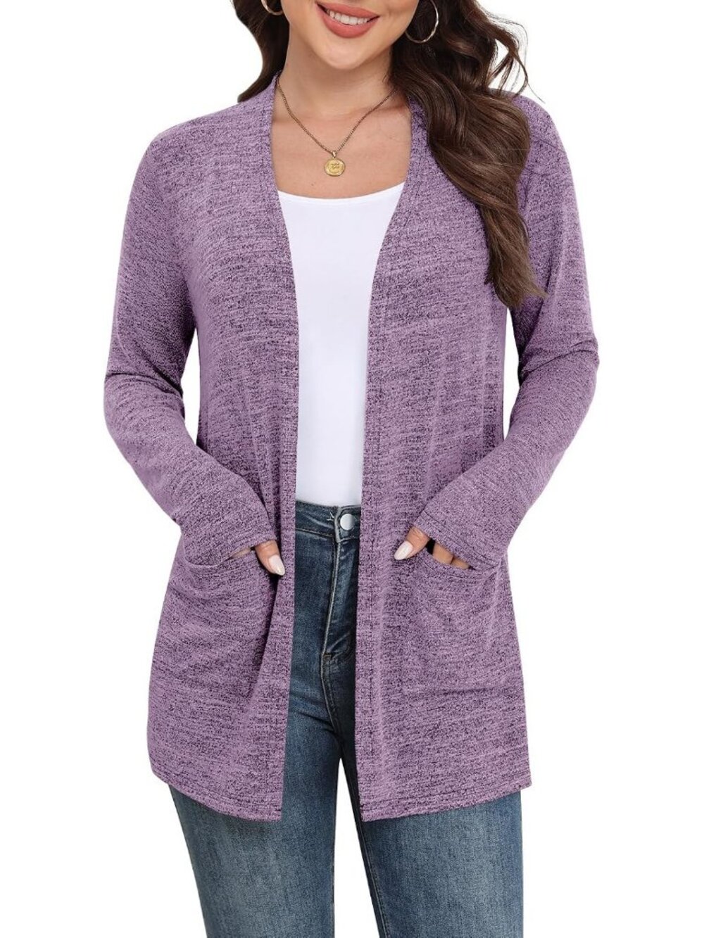 Women's Purple Lightweight Cardigan Long Sleeve Open Front with Pockets Sweater